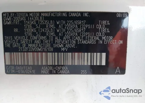 2009 Toyota Rav4 from USA, damaged, VIN 2T3ZF33V09W016108